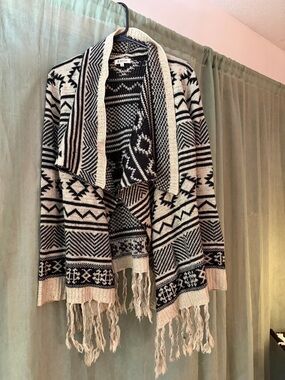 JustFab Black and Cream Aztec Fringe Open Cardigan